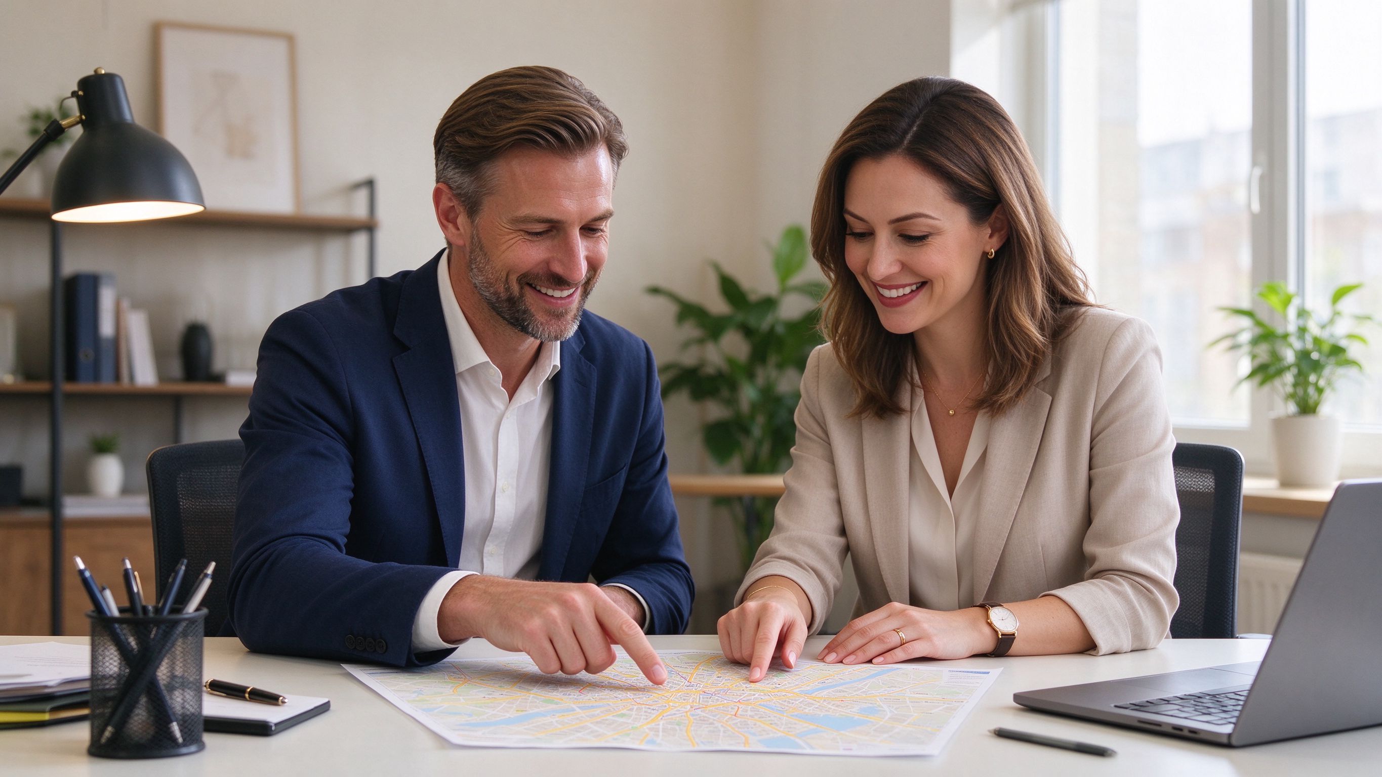 Two people looking at a city map together, representing an information consultation