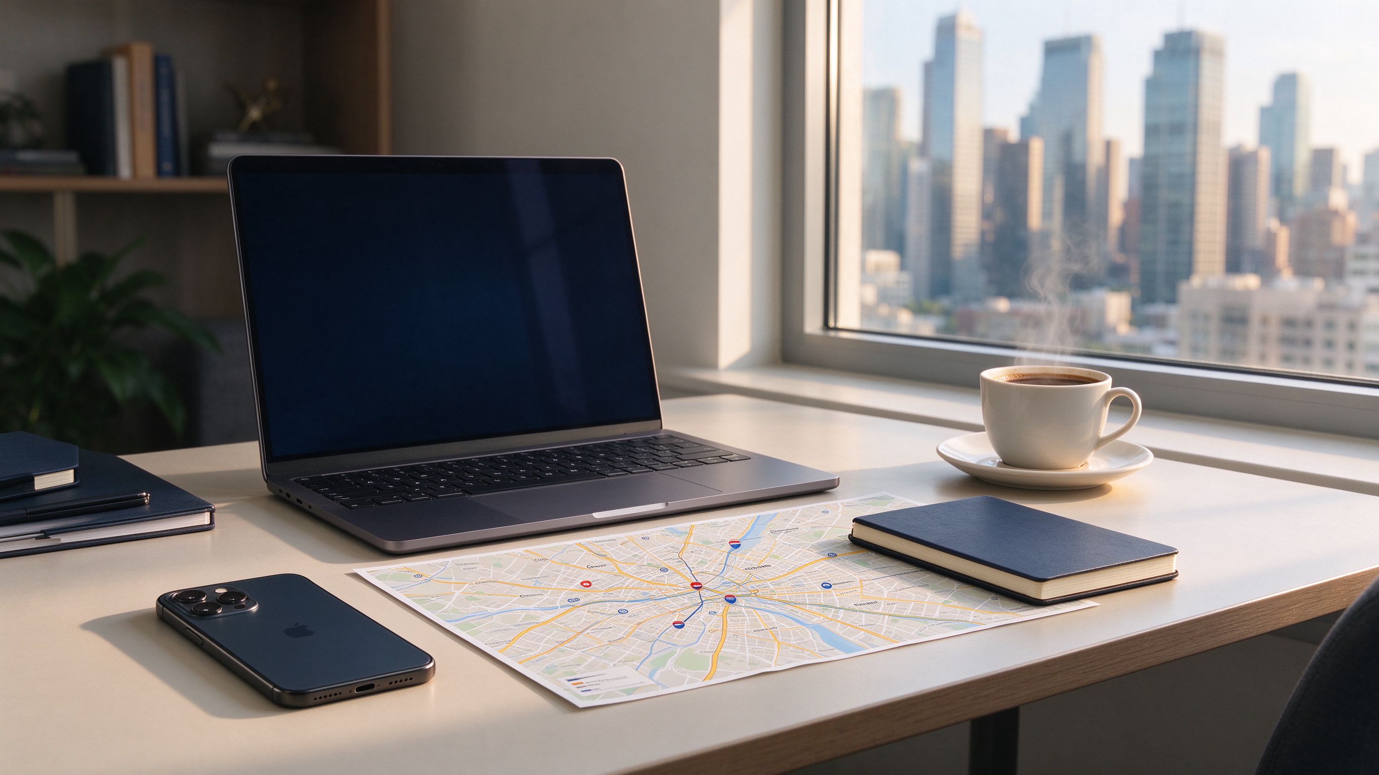A planning desk with a map, phone and coffee by a window, representing itinerary coordination